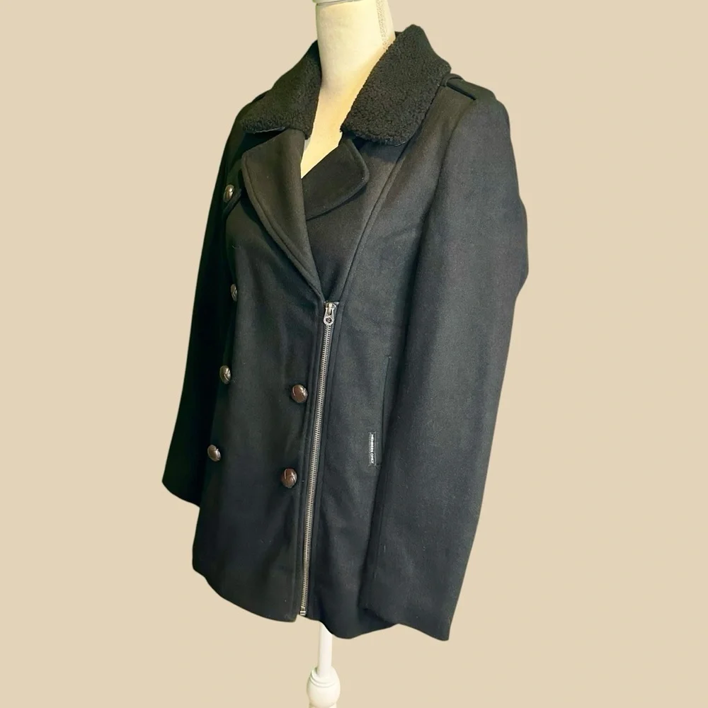 NWT Members Only Fur Collar Black Wool-Blend Double-Breasted Pea Coat Sz Small